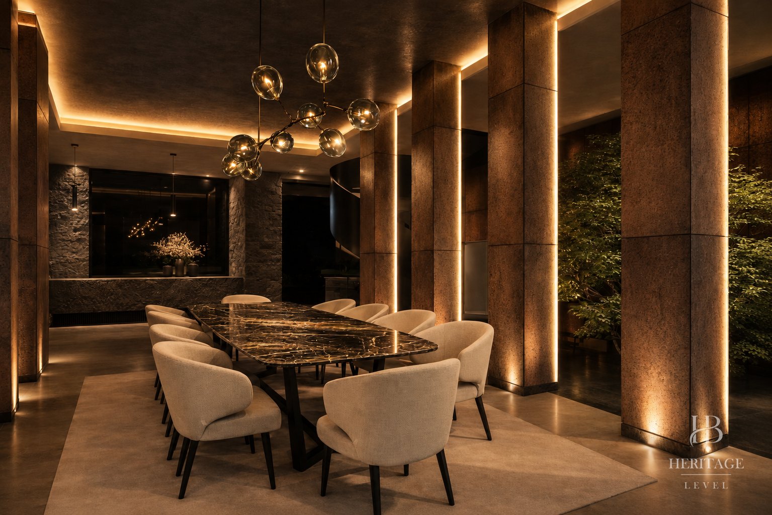 KEYSTONE dining room with the marble table and the spiral staircase beyond