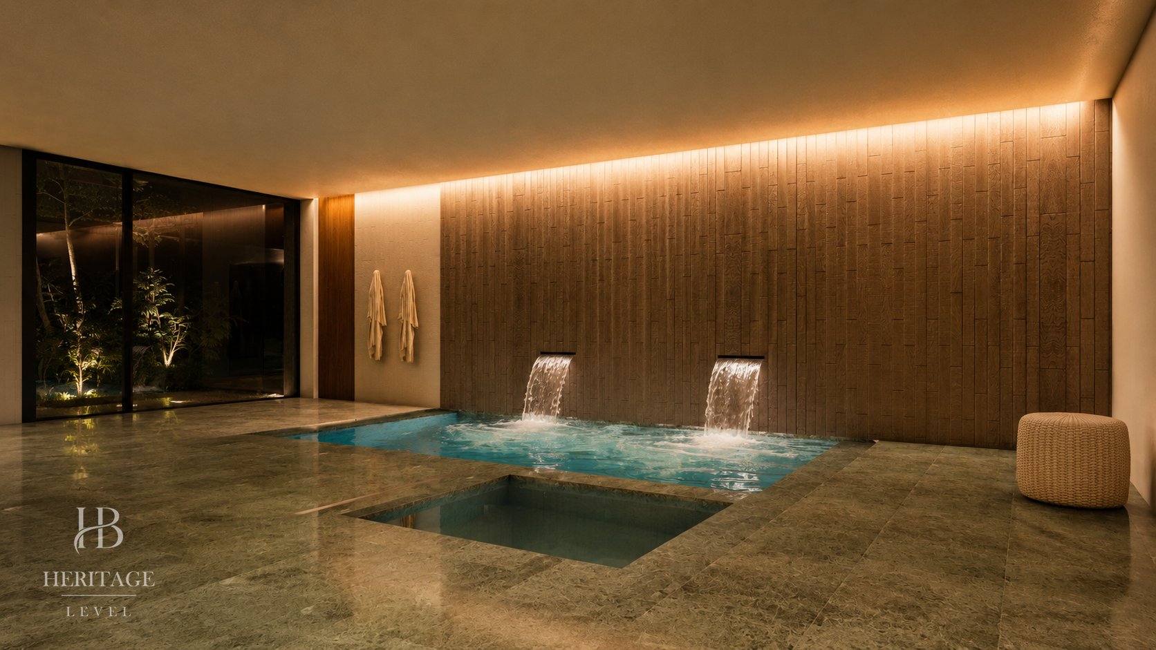 Indoor spa of KEYSTONE with the pool and the waterfall wall