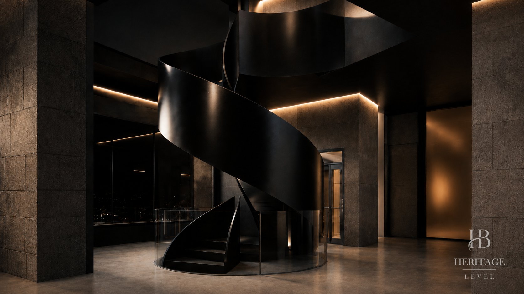 The spiral staircase of KEYSTONE, with the glass lift beyond