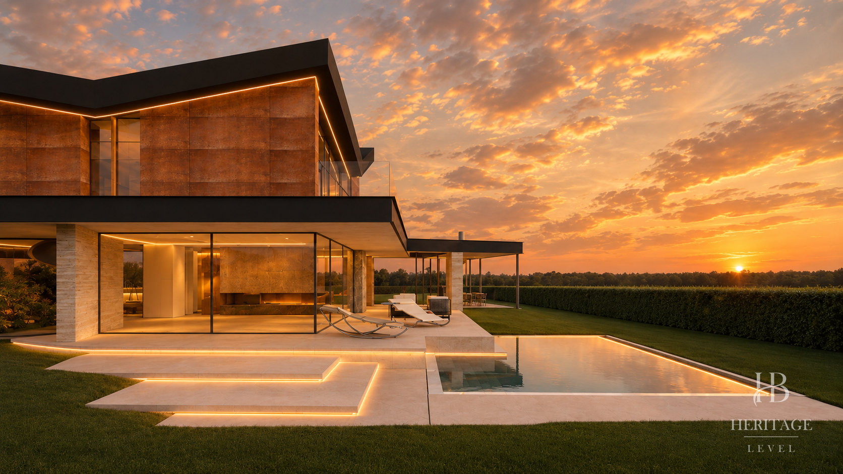 La terraza y la piscina de KEYSTONE al atardecer, con los escalones de travertino iluminados